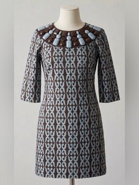 Milly of New York Silk Beaded Collar Shift Mod Dress Size 2 Turquoise Brown